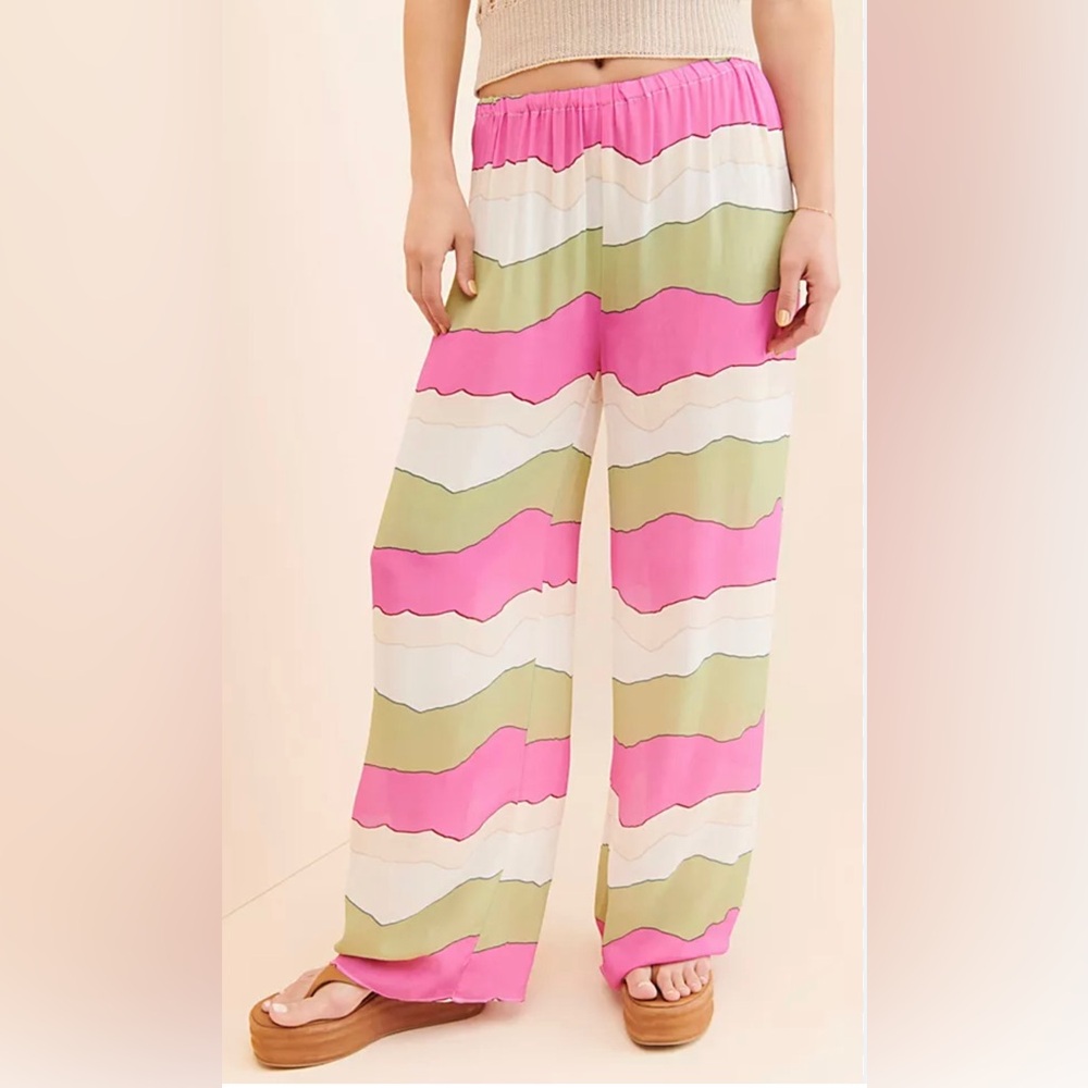 Pippa The Label Pink and Green Striped Women's Wide Leg Light Elastic Pant